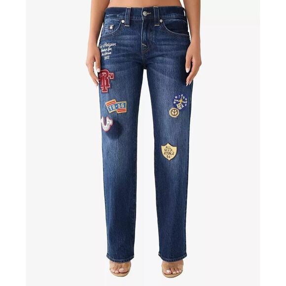 True Religion Jeans Womens 31x32 Ricki Relaxed Straight Patches Embroidered Plus - Picture 1 of 13